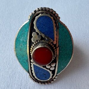 Vintage Tibetan Ring Turquoise Coral Lapis Inlay Handmade Tribal Large